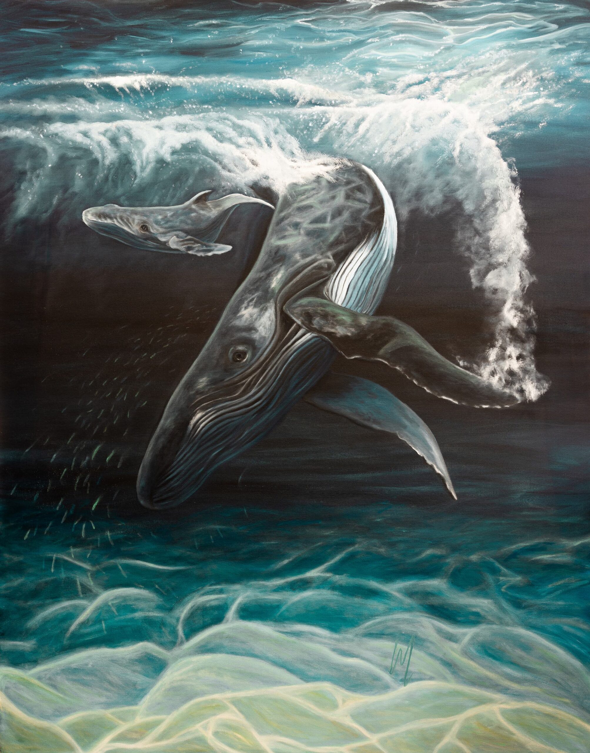 Painting of a Whale mother with calf