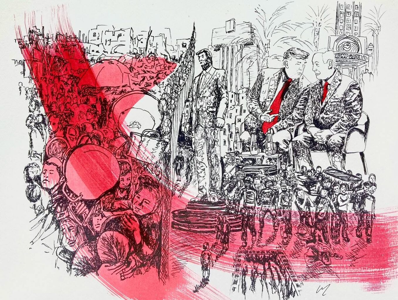 Drawing highlighting the contrast between political ambivalence and human tragedy