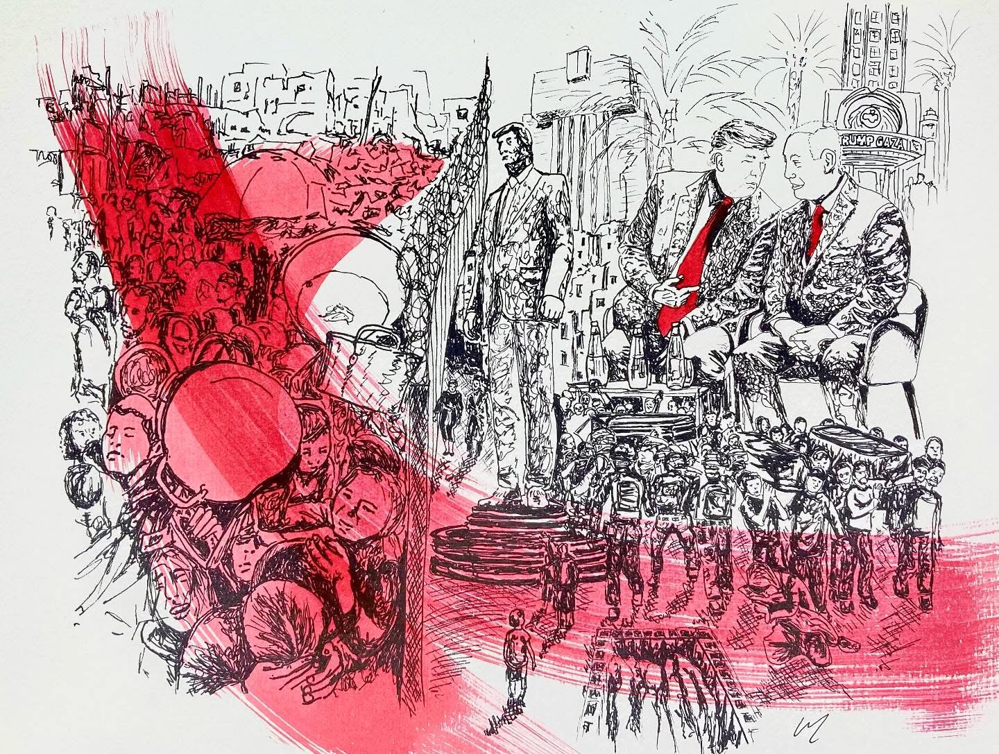 Drawing highlighting the contrast between political ambivalence and human tragedy