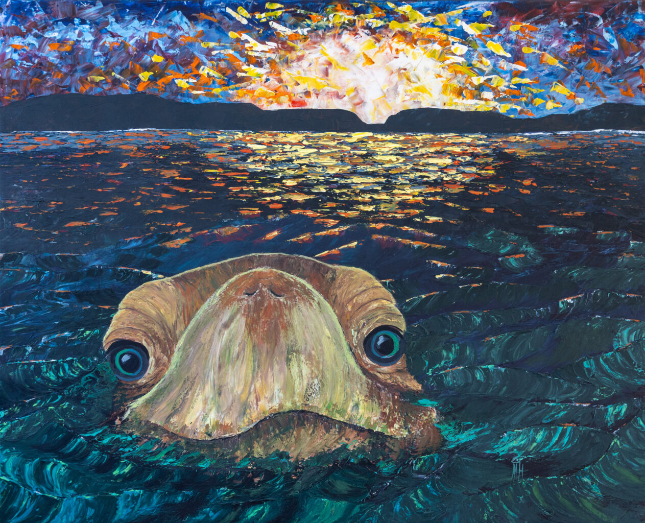 Acrylic Painting of sea turtle in front of Robberg Nature Reserve