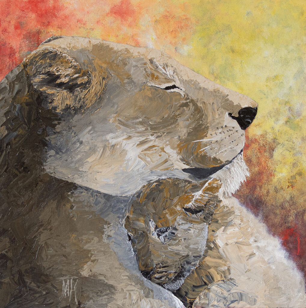 Oil Painting with lion mother and cub