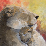 Oil Painting with lion mother and cub