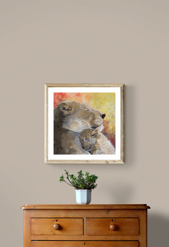Oil Painting with lion mother and cub