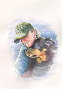 Quiet Bond, watercolour painting of woman with dog