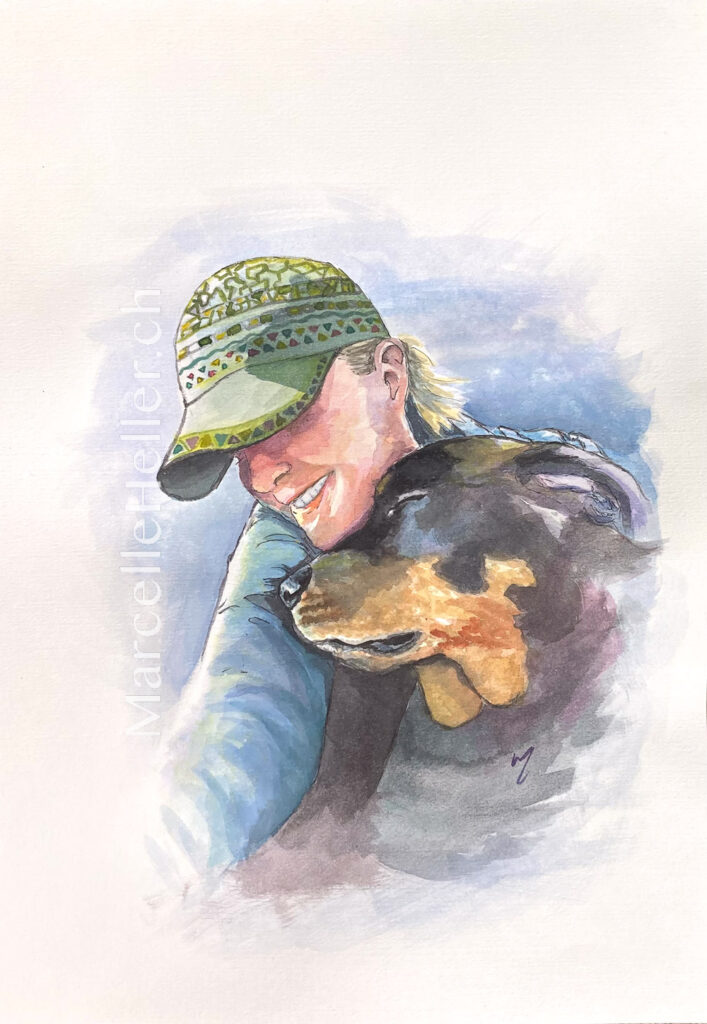 Quiet Bond, watercolour painting of woman with dog