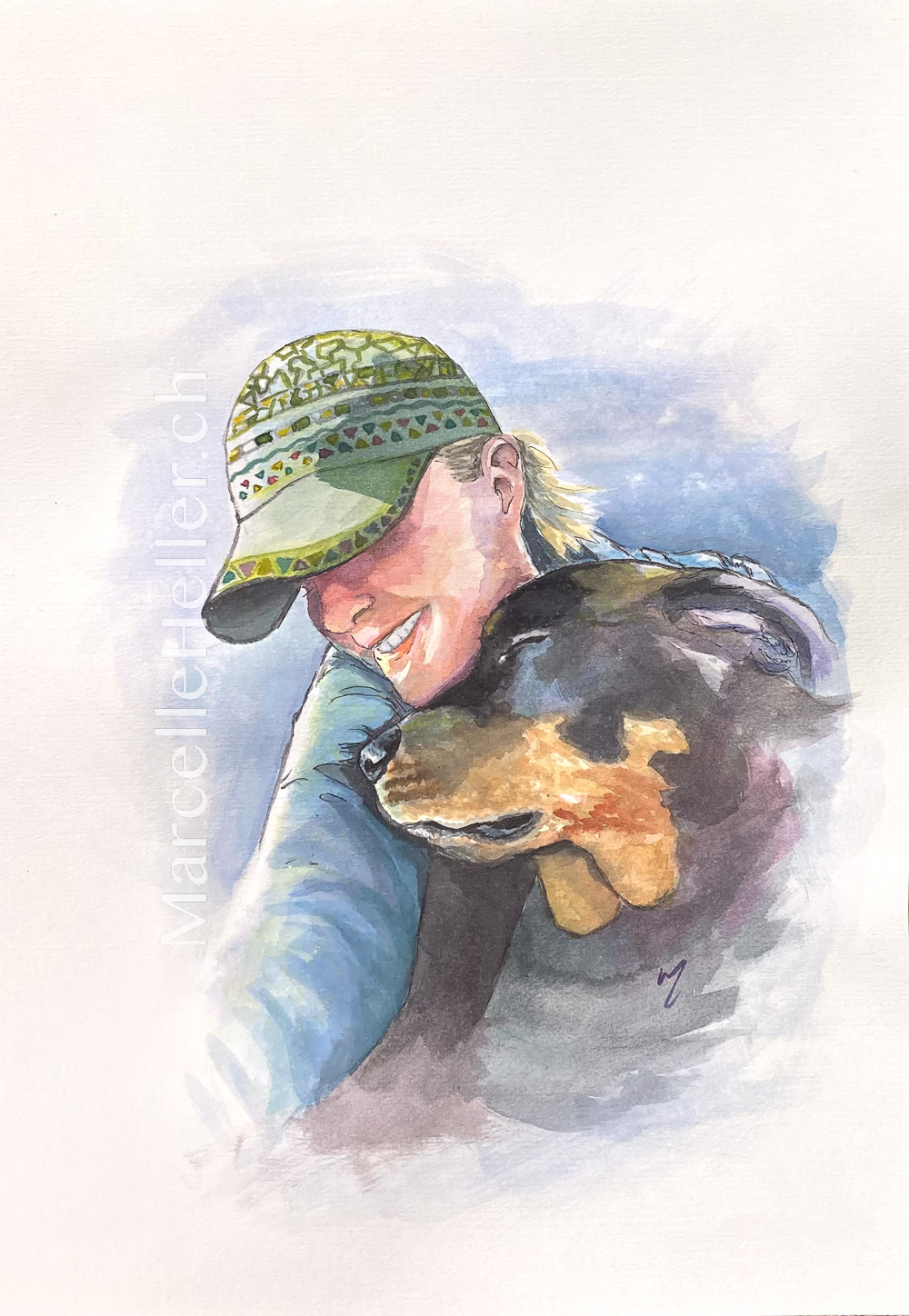 Quiet Bond, watercolour painting of woman with dog