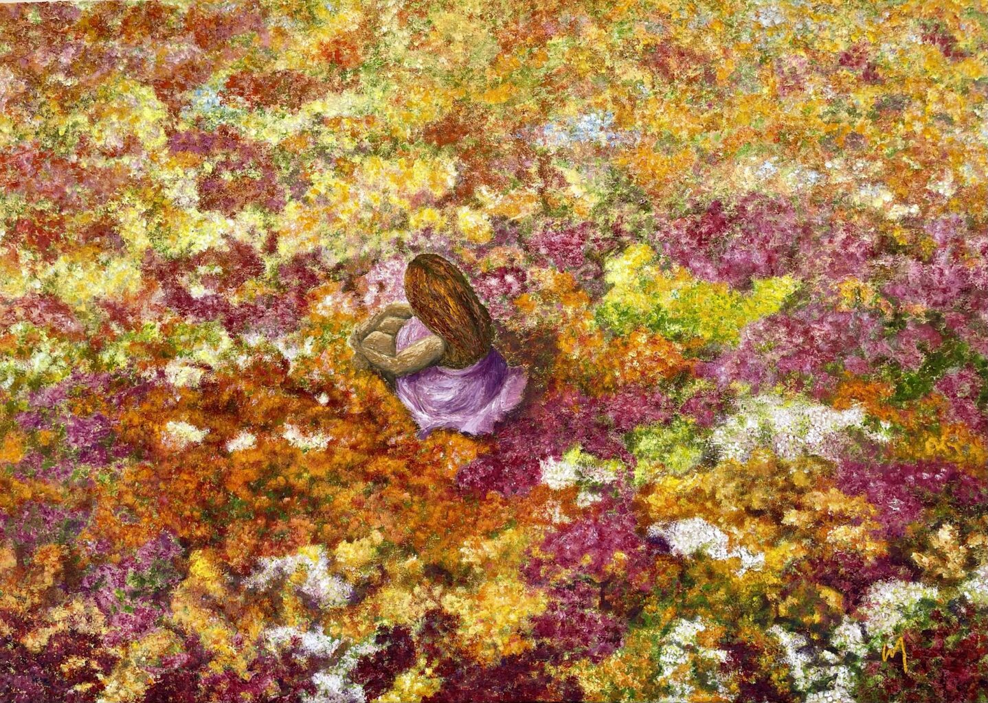 Women in Field of Flowers. Mixed Media Painting